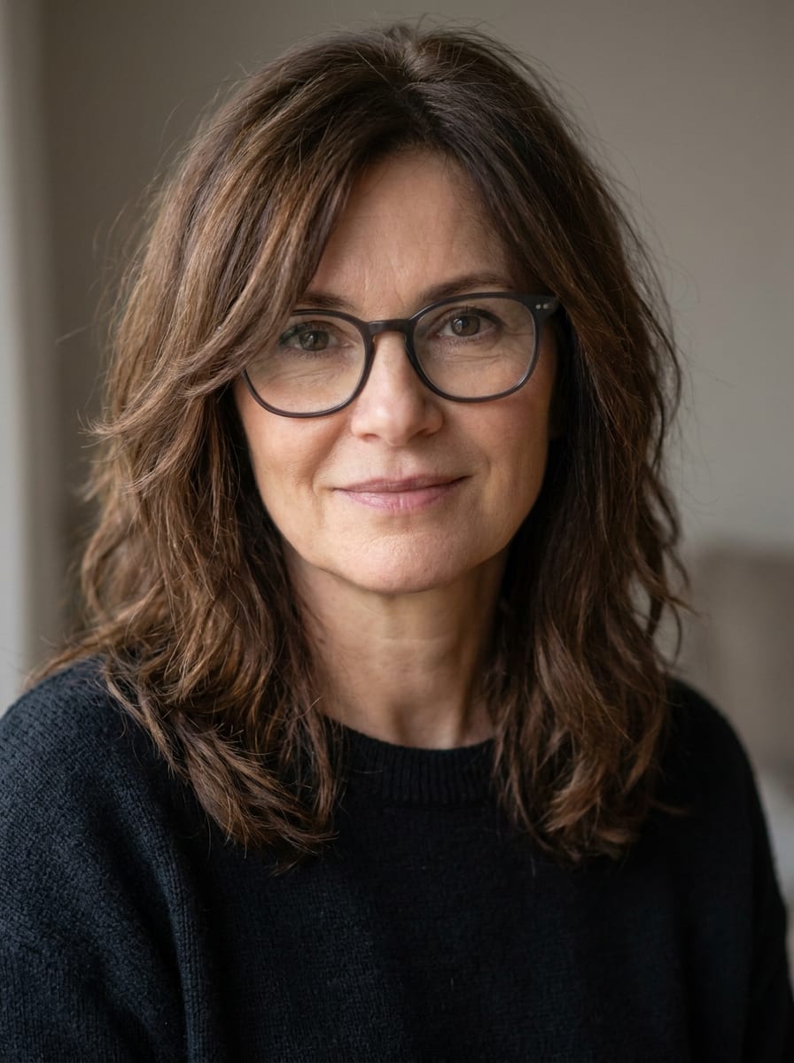 Mittellange Haare mit Face-Framing Layers - Frisur ab 50 mit Brille